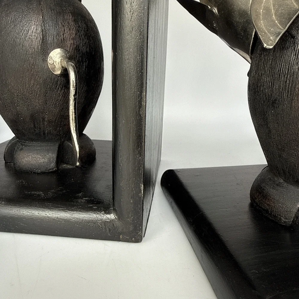 Black Bauhaus Beast Bookends‎ Art Deco Black Wood and Chrome Elephants